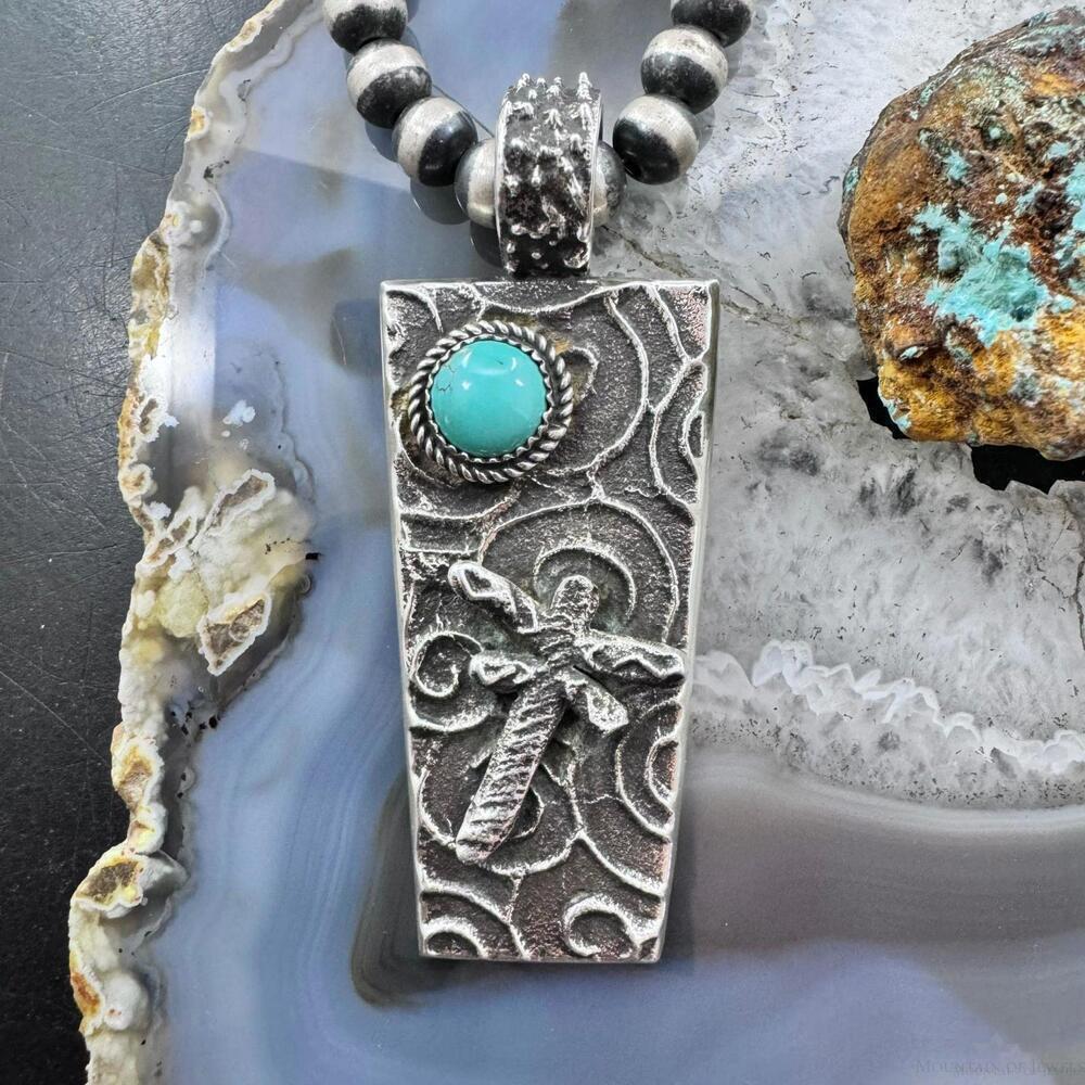 Cheyenne Custer Sterling Silver & Turquoise Dragonfly Tufa Cast Unisex Pendant
